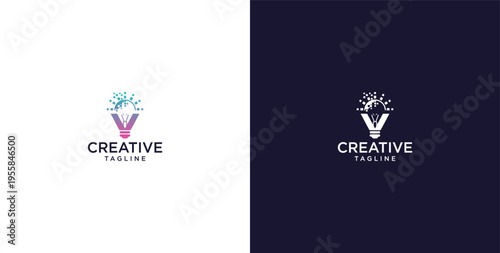 smart bulb logo icon. bulb logo technology. initial logo design V