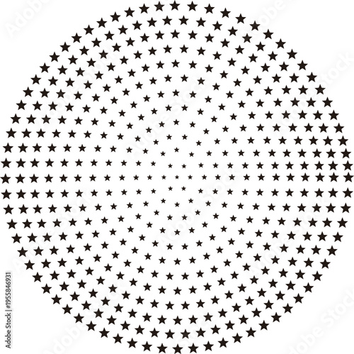 中心から徐々に大きくなるペンタグラムが円形に並び広がるモノクロのハーフトーンの素材