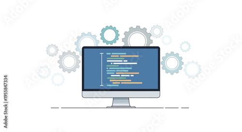 Vector illustration of a computer monitor displaying lines of coding on its screen with gear icons in the background, symbolizing software development and programming concepts.