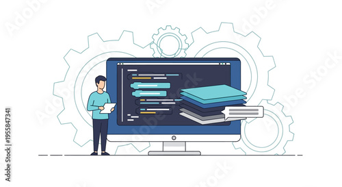 A man stands beside a large computer monitor displaying lines of coding on its screen with gear icons in the background and books floating beside it, in a vector illustration with a