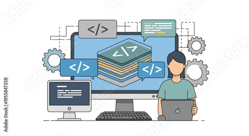 Illustration of a man working on a laptop with a large computer monitor displaying coding on the screen and gear icons in the background.
