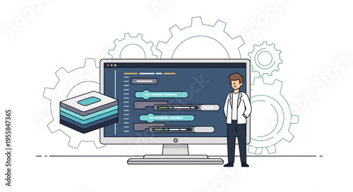 Illustration of a man standing beside a large computer monitor displaying coding on its screen with gear icons in the background and a cube-shaped object to the left.
