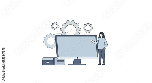 An illustration of a woman interacting with a large computer monitor displaying coding on its screen with gear icons in the background, surrounded by system components in a simple style.