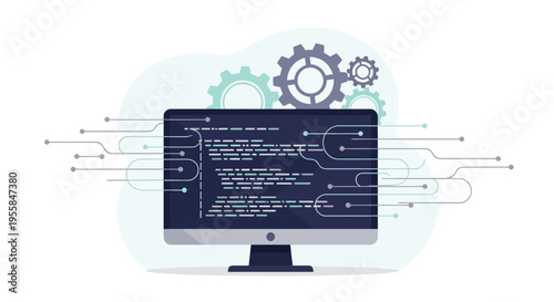 Vector illustration of a computer monitor displaying lines of coding on its screen with gear icons in the background, symbolizing programming and software development.