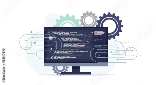 Vector illustration of a computer monitor displaying lines of coding on its screen with gear icons in the background, symbolizing programming and software development.