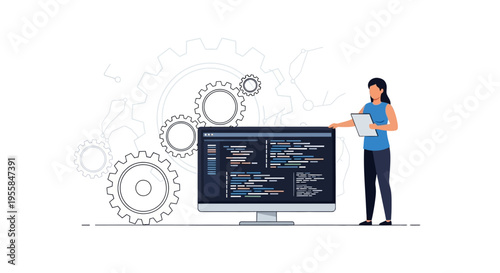 A woman in a blue shirt points to a computer monitor displaying lines of coding on its screen with gear icons in the background, in a vector illustration with a clean design.