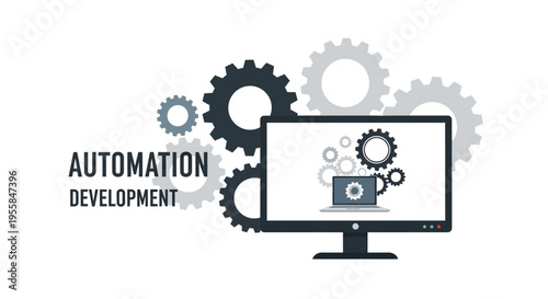 Vector illustration of a computer monitor displaying coding on its screen with gear icons in the background, representing automation development.