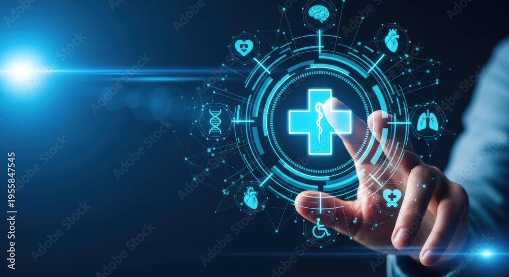 Obraz premium Hand interacting with glowing blue medical cross hologram and digital health icons representing modern telemedicine technology.