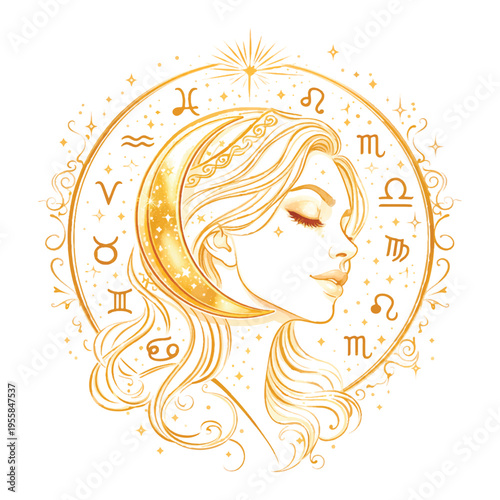 Elegant gold vector illustration of a beautiful womans profile with a crescent moon and zodiac signs. Mystical astrology circle concept with stars and celestial ornaments in a clean line art style.