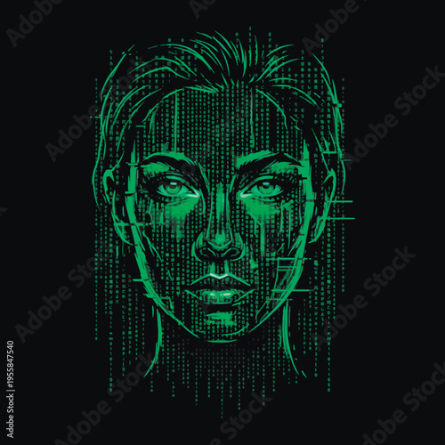 Futuristic vector illustration of a female face formed by glowing green binary code and matrix data. Cyber-punk concept representing artificial intelligence, virtual reality, and digital identity.