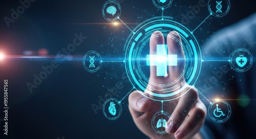 Futuristic medical concept with finger touching a glowing digital healthcare cross and holographic icons on dark background.