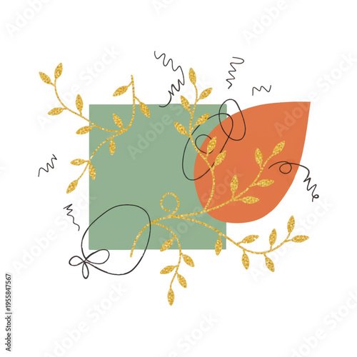 Modern abstract vector illustration with geometric shapes, golden glitter branches, and minimalist line art doodles. Stylish organic design for contemporary posters, branding, and social media.