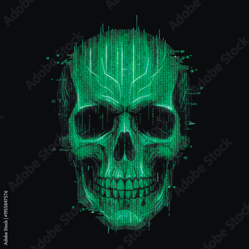 Futuristic vector illustration of a skull formed by glowing green binary code and digital glitch effects. Cyberpunk concept representing hacking, data virus, and cybersecurity threats in a dark style.