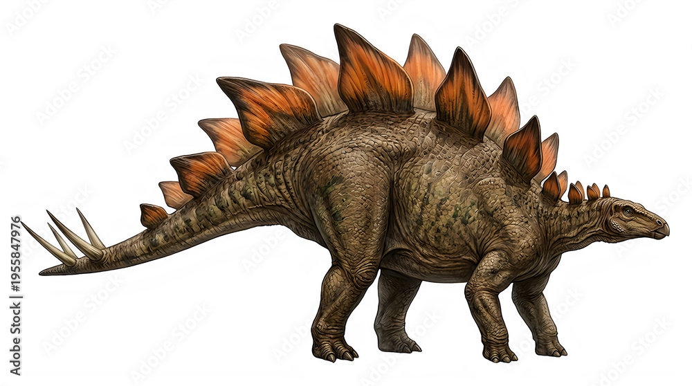Fototapeta premium A stegosaurus dinosaur with orange spikes on its back and tail