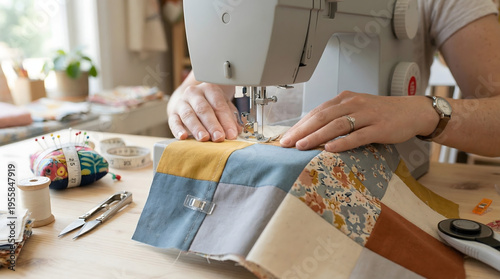 woman hands using modern electric sewing machine to stitch colorful patchwork fabric squares on wooden table in bright home studio for quilting hobby and textile craft project