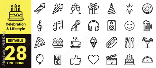 Celebration and lifestyle icon set featuring party elements, food, drinks, music, entertainment, communication, and social concepts in modern line‑art vector style for events and digital design
