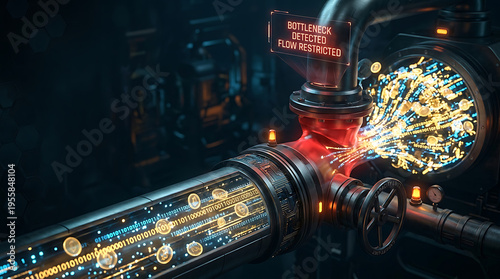 Digital data flow bottleneck in a futuristic industrial pipeline system with glowing elements.