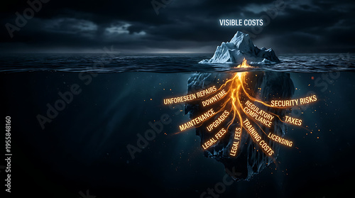 An illustrative iceberg diagram showing visible costs above the water and numerous hidden, glowing costs like repairs, downtime, and security risks beneath the surface