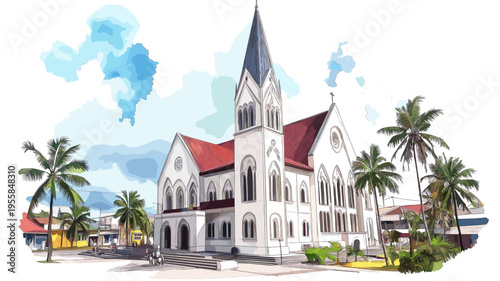 Georgetown ? St. Georges Cathedral. Georgetown ? St. Georges Cathedral hand drawn watercolor illustration