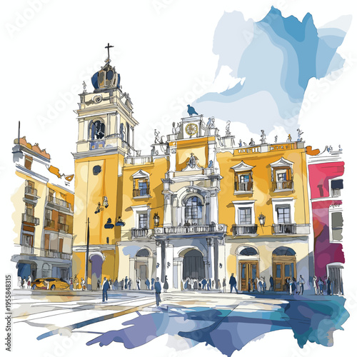 Lima - Plaza Mayor and Historic Center. Lima - Plaza Mayor and Historic Center hand drawn watercolor illustration