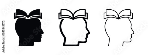 Head with open book icon set. Education, learning, and knowledge concept symbol.