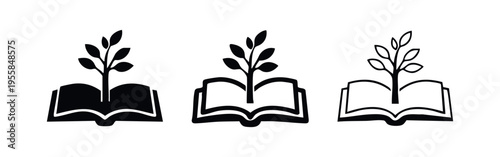 Open book with growing plant icon set. Knowledge growth, education, and development symbol.
