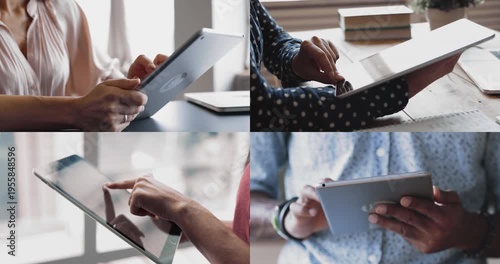 Cropped shots of millennial people typing on tablet computer, using online application for work task, buying on e-commerce platform, booking on Internet. Collage of for close up shots