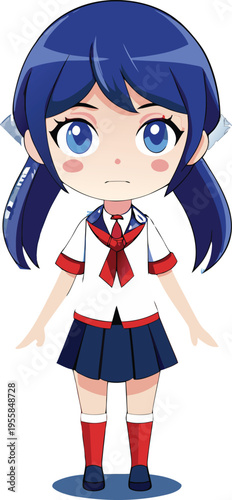 Cute anime schoolgirl in uniform with blue hair and sad expression