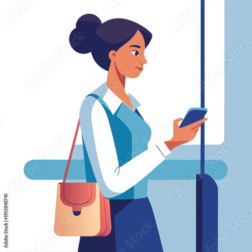 Woman in blue outfit holding phone and tan purse standing