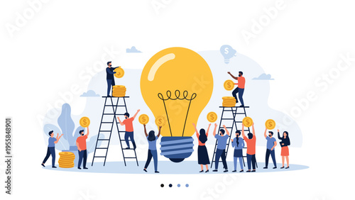 Group of diverse business people investing money into a giant lightbulb symbol representing funding for innovative ideas and creative new startups.