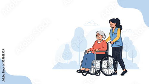 Young female caregiver pushing a senior woman in a wheelchair during a peaceful outdoor walk in a park with tall trees and fluffy clouds in the sky.