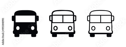 Bus icon set (front view). Black and white vector illustrations of public transport vehicles.