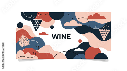 Modern abstract wine label design or banner featuring artistic grape clusters leaves and rolling hills in a stylish minimalist color palette on white.