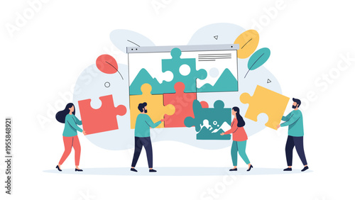 Business team working together to assemble a large jigsaw puzzle representing collaboration problem solving and achieving common corporate goals.