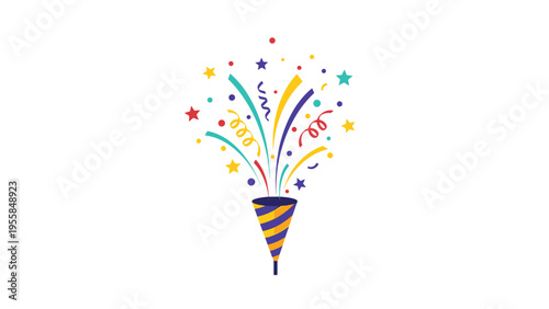 Festive party popper shooting colorful confetti streamers and stars on a white background for celebration and birthday event invitation card design.