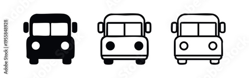 Bus icon set (front view). Black and white vector illustrations of public transport vehicles.
