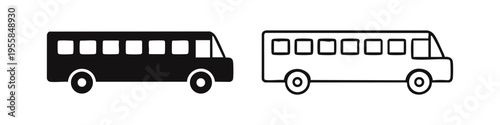 Bus icon set (side view). Black and white vector illustrations of public transport vehicles.