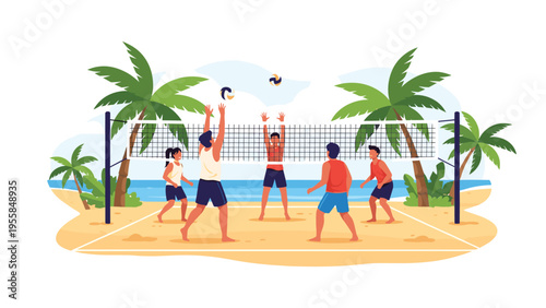 Group of young people playing volleyball on a sunny tropical beach with a net palm trees and the blue ocean in the distant background on a vacation.