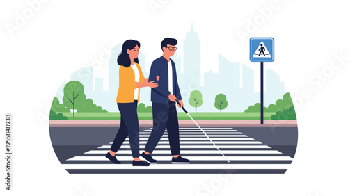 Young woman helping a blind man with a white cane to cross the street on a crosswalk in a city with skyline background and a pedestrian street sign.