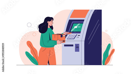 Young woman using an automated teller machine or delivery kiosk to handle a package and credit card transaction in a modern and colorful setting.