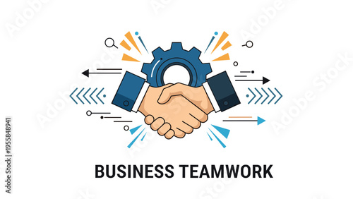 Business teamwork and successful partnership concept featuring a handshake in front of a blue gear with various strategy icons and directional arrows.