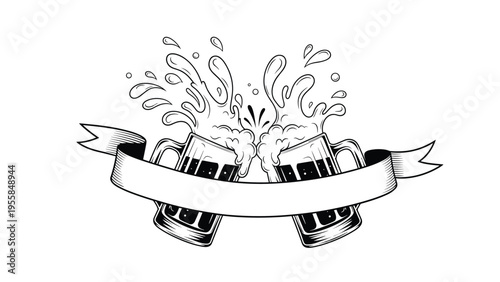 Hand drawn vintage style illustration of two beer mugs clinking with splashing foam and a blank white banner for custom text or pub branding.