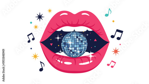 Fun and vibrant disco themed illustration featuring an open mouth with a blue disco ball inside music notes and stars for a retro party invitation.