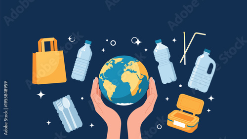 Hands protecting the planet earth surrounded by plastic pollution items like bottles bags and straws to raise environmental awareness and save nature.