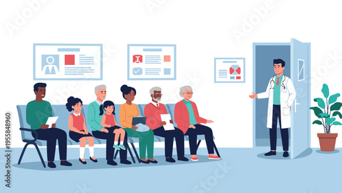 Patients wait in a medical clinic lobby for their doctor appointment with diverse people including seniors and young children.