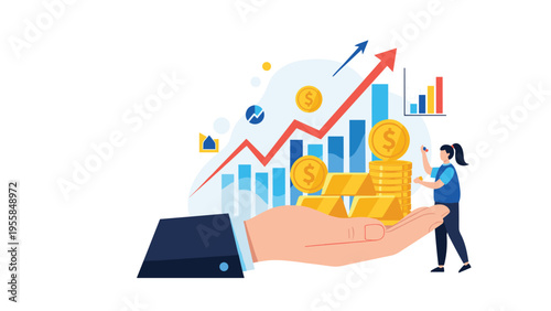 Financial success is depicted by a large hand holding gold bars and coins with rising charts and a business woman in the background.