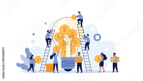 Small team of professional people work together to fill a giant light bulb with money representing an innovative investment idea.