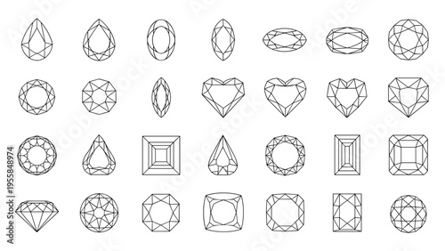 Detailed collection of diamond and gemstone cut shapes illustrated in a simple line art style on a clean white background.