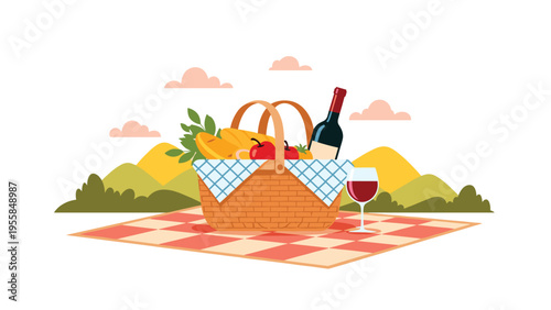 Classic picnic basket filled with fresh bread and fruit sits next to wine on a checkered blanket in a beautiful landscape meadow.
