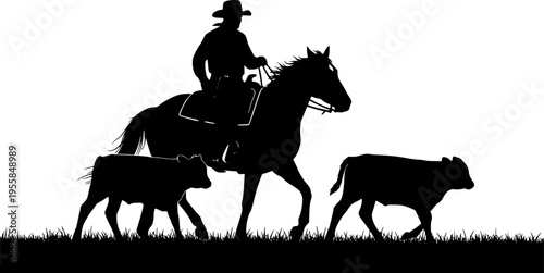 A vector silhouette of a working ranch cowboy on a horse with two young cows.